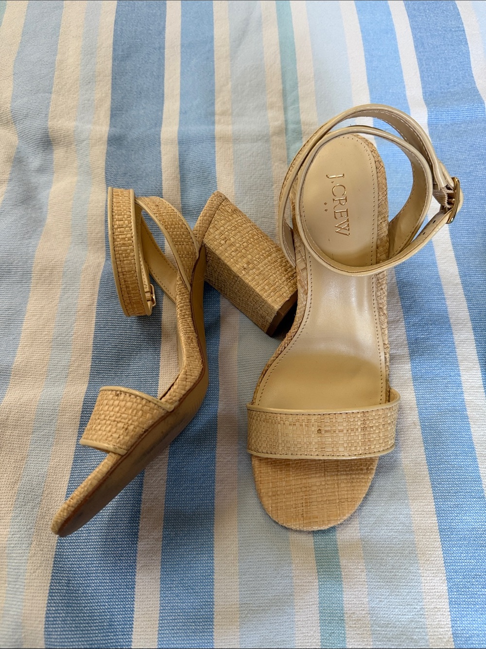 J. Crew Tan Woven Ankle Strap Block Heels